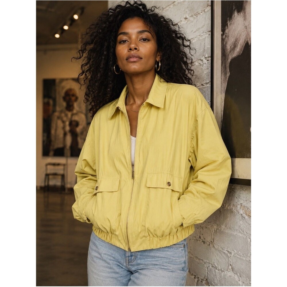 Vintage Chartreuse Green Yellow Zip Collared Spring Bomber Jacket Medium m